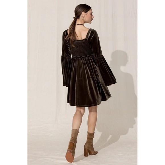 Miss Me Dress Olive Green Velvet Embroidered Bodice Bell Sleeve Mini S - Picture 12 of 12